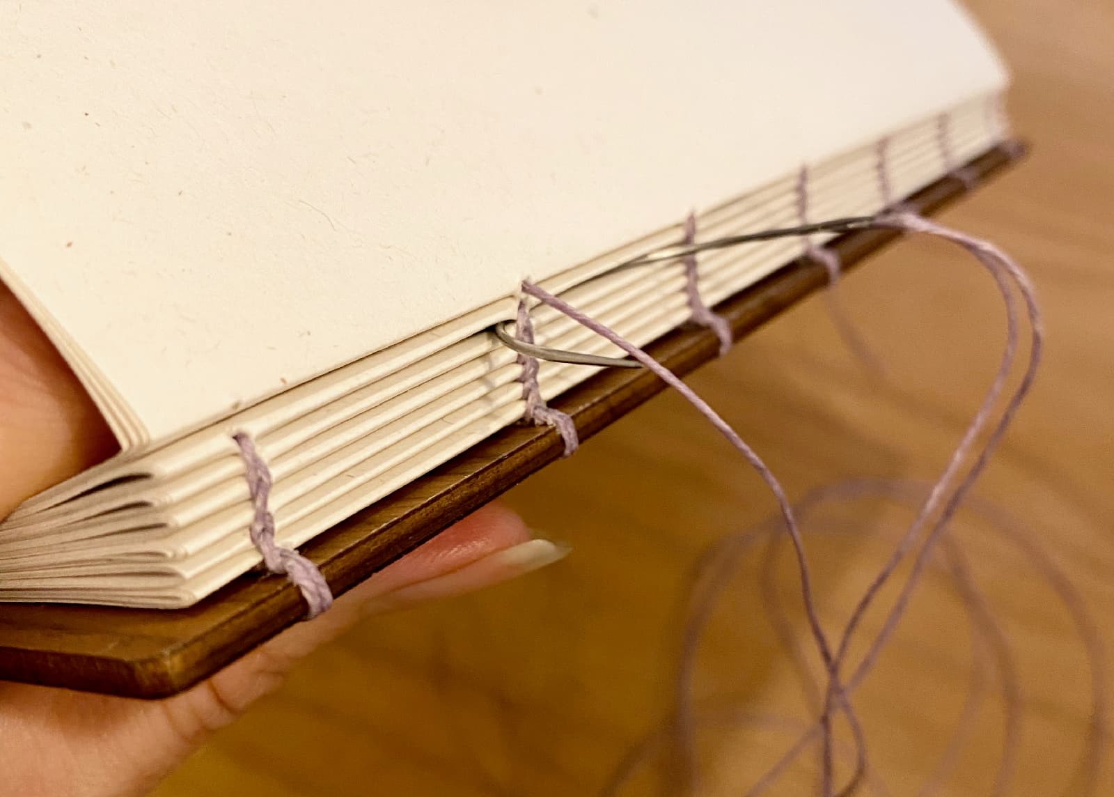 Closeup of my hands sewing a Fondfolio book, curved needle poking through between the signatures.