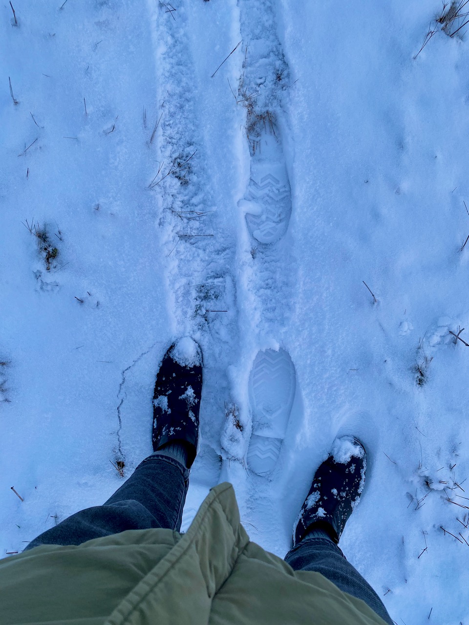 My zigzag boot sole tracks in the snow, the moment I realized they were mine.